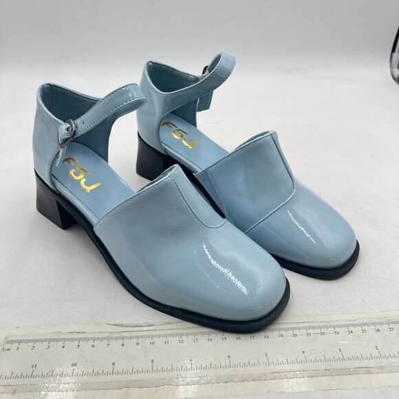 FSJ Blue Ankle Strap D'Orsay Pumps Retro Square Toe Chunky Heels Dress Sandals - Picture 3 of 7
